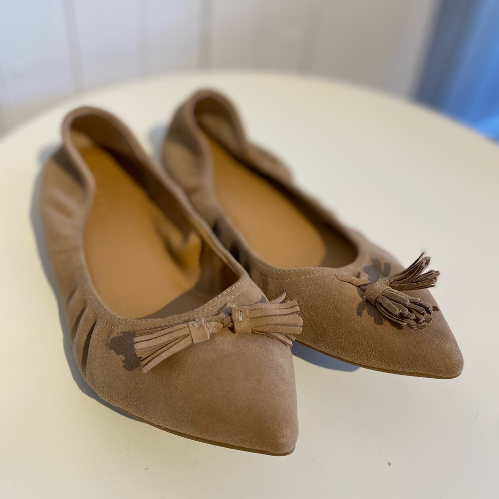 J. Crew Lottie Pointed Toe Suede Tassel Flats - genuine leather- size 8.5